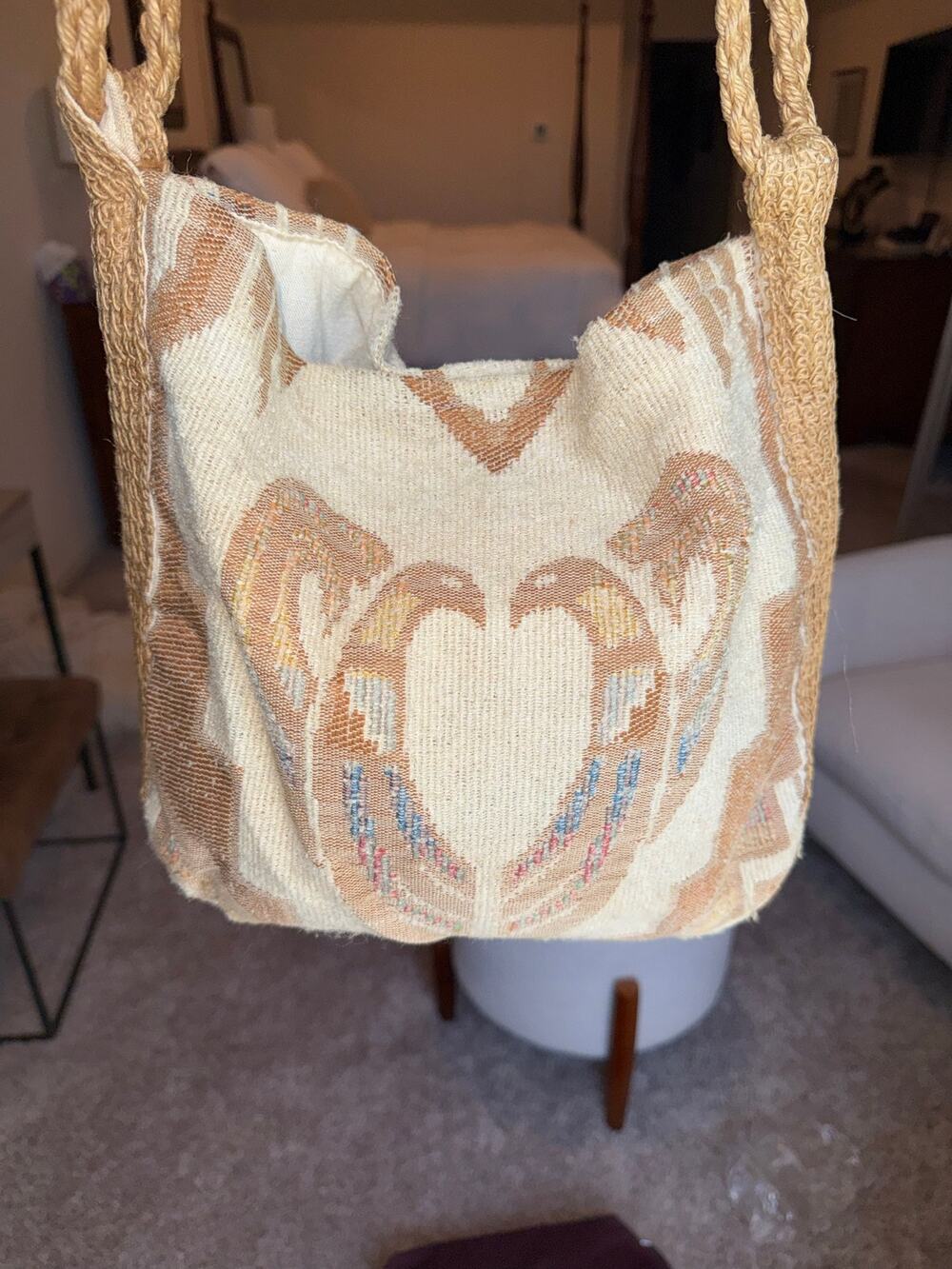 Vintage Carpet Bags Of America Shoulder Bag Braided Straw Handles Bird Pattern